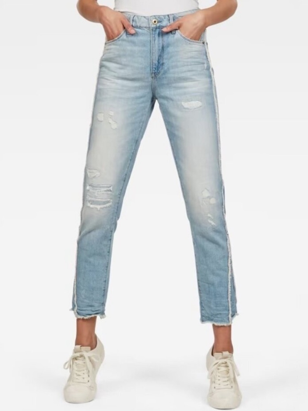 G Star Raw 3301 Jeans Size 28 Blue High Waist Frayed Straight Crop Alternative
